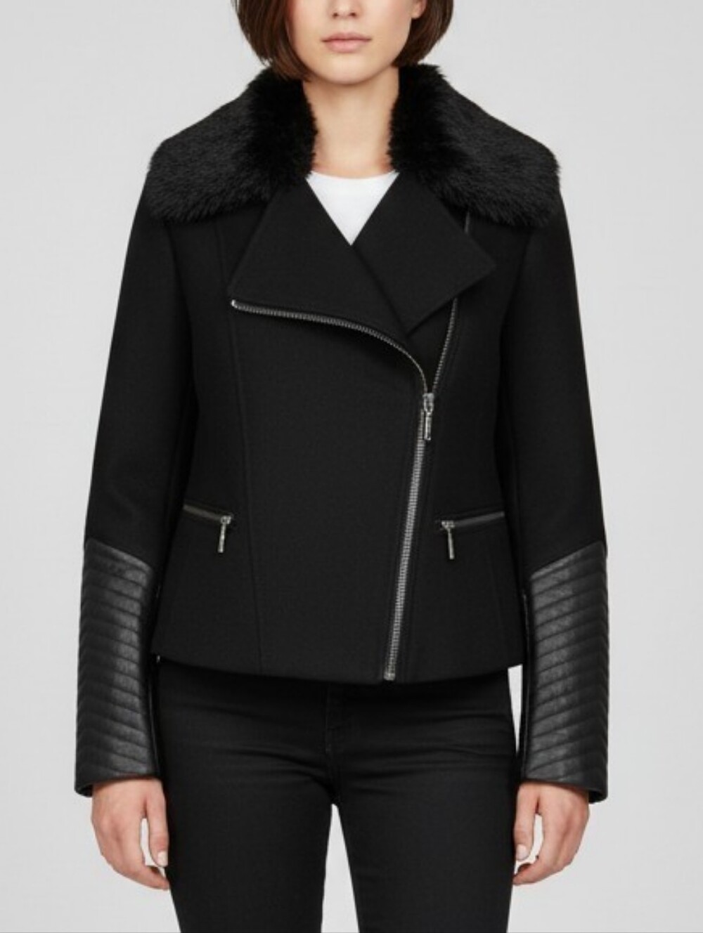 BCBGMAXAZRIA Black Wool Blend Moto Jacket Faux Fur Collar NWT Small